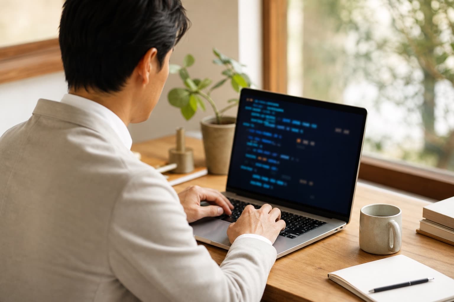 明るいデスクでターミナルを開いてClaude Codeを操作するビジネスパーソン